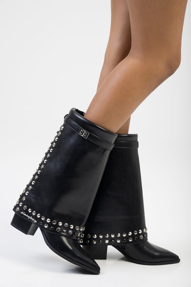 black leather knee high boots with silver stud embellishments and a buckled top strap