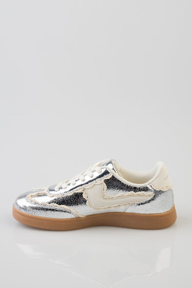 low top sneaker in cream and metallic silver with lace up front and gum sole by blue jean traders