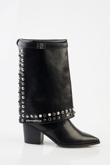 black knee high boot with silver studs and star details, buckle strap at the collar and a low block heel