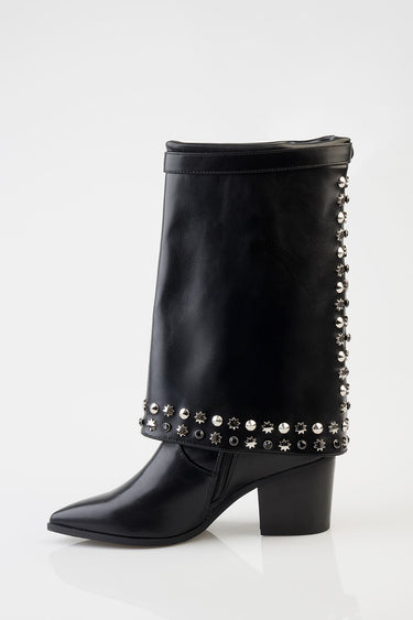 black leather boot with silver studs along the shaft and around the sole, chunky heel