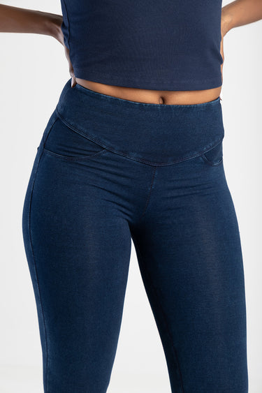 blue jean traders navy high waisted denim jeans with a wide knit waistband and curved pockets