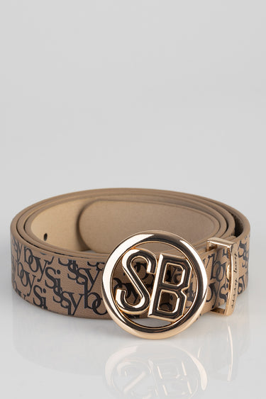 tan belt with a gold circular buckle featuring interlocked letters S and B; strap has a repeating logo pattern