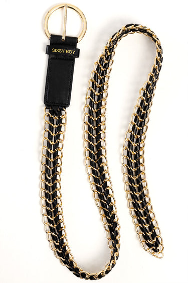 black and gold chain belt with braided links and a black leather tab reading sissy boy