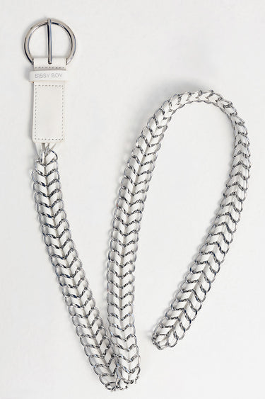 white leather belt with a chunky silver chain and a circular metal buckle with a sissy boy tag