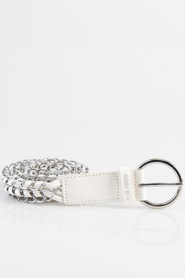 white leather end and intertwined silver chain belt featuring a large circular silver buckle by blue jean traders