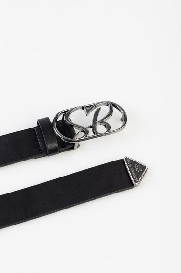 black leather belt with a shiny metallic double heart buckle and a beaded triangular tip