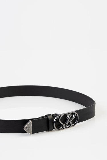 black leather belt with a silver intertwined letter buckle and a studded triangular tip