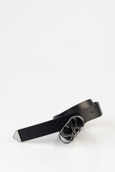 black leather belt with a silver interlocking loop buckle and a triangular studded tip