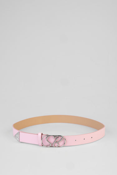 pink leather belt with a silver intertwined loop buckle and a small triangular end accent