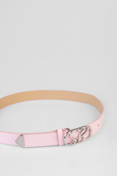 pink leather belt with a silver interlocking buckle and a small triangular metal tip