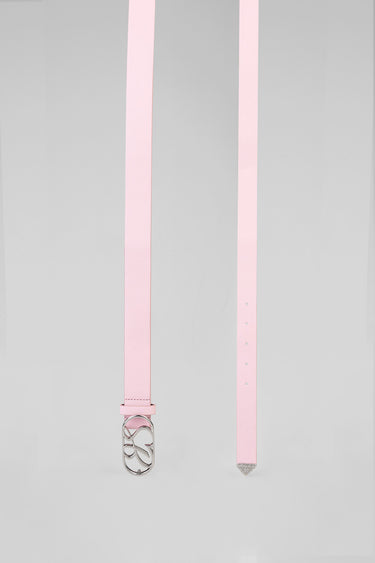 pink belt with a silver interlocking buckle and a pink tip
