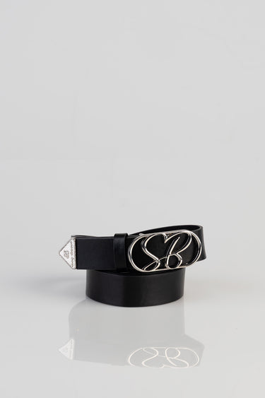 black leather belt with a large silver double loops buckle and a metal logo tip
