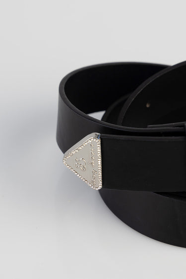 black wide belt with a silver rhinestone edged triangular buckle