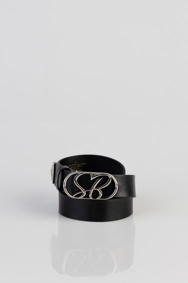 black leather belt with a silver double buckle featuring heart shaped loops