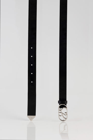 blue jean traders belt in black leather with a silver decorative buckle and evenly spaced holes against a plain background