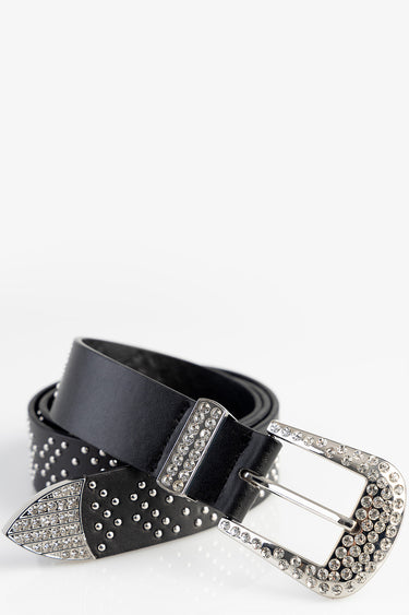 black studded leather belt with a large rhinestone buckle and tipped ends