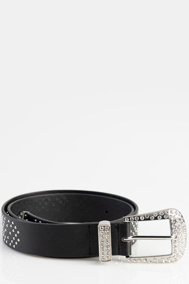 black leather belt coiled on a white surface with a rhinestone encrusted silver buckle and studded strap
