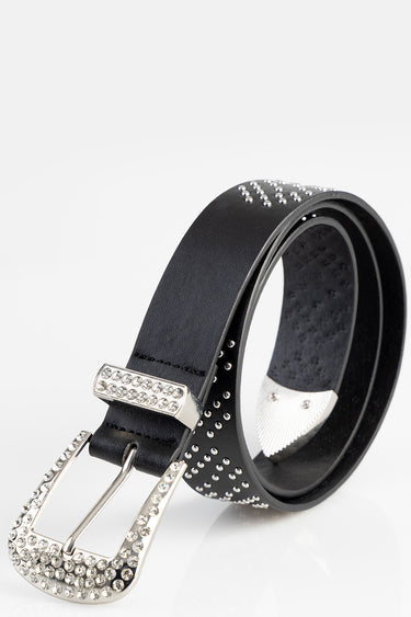Blue Jean Traders belt in black leather with silver rhinestone studs and a large square buckle