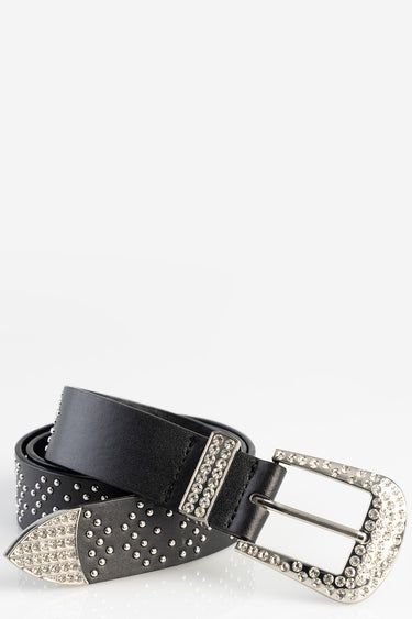 blue jean traders belt in black leather with a silver rhinestone buckle and studded accents