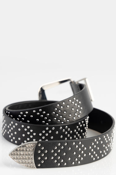 black leather belt with silver studs and a silver buckle studded tip