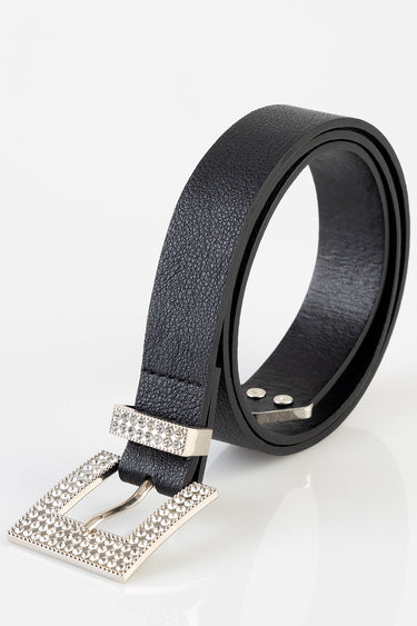 black leather belt from Blue Jean Traders with a square silver studded buckle.