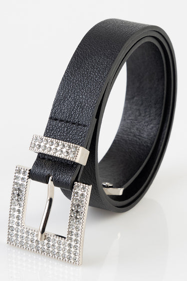 black leather belt with a square crystal rhinestone buckle