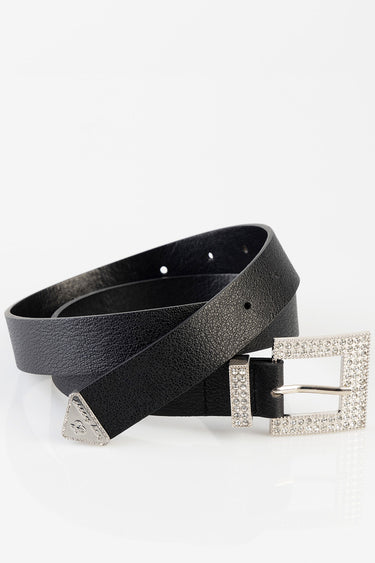 black leather belt with a jeweled silver buckle and a decorative triangular tip featuring a club emblem