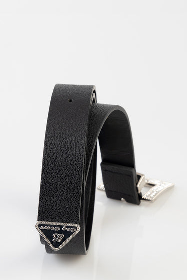 black textured leather belt coiled with a silver rhinestone buckle and triangular crystal tip
