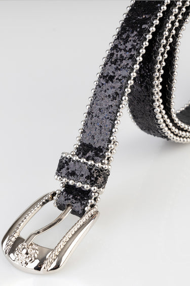 glittery black belt with silver bead trim and metallic buckle, close up