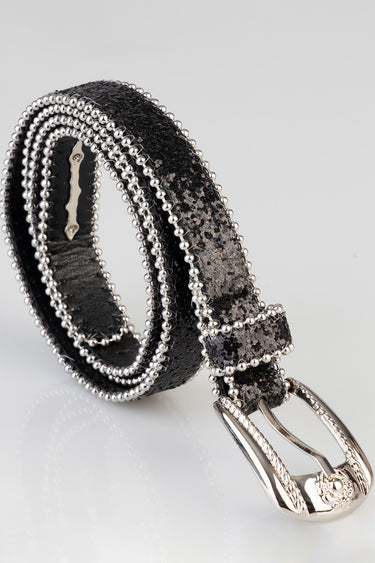 black glitter belt with silver bead trim and polished silver buckle