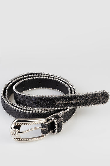 black glitter belt with round silver bead trim and silver buckle