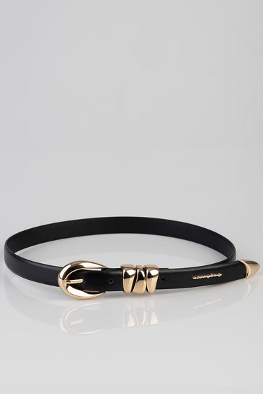 black leather belt with a gold buckle and polished ring accents by Blue Jean Traders
