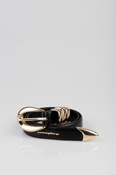 black leather belt with a gold buckle and a pointed gold tip, three stacked gold loops near the buckle