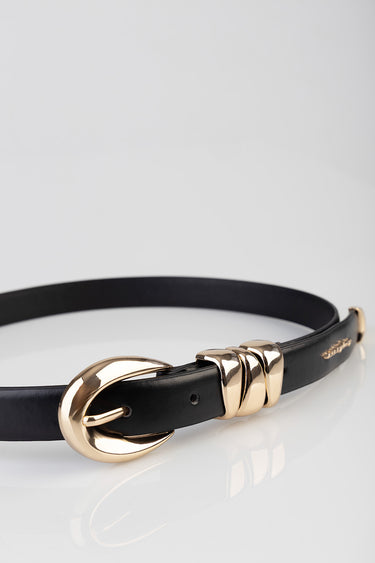 black leather belt with a large gold buckle and three gold rings along the strap