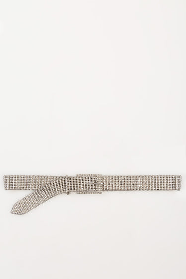 silver rhinestone belt with square buckle laid flat