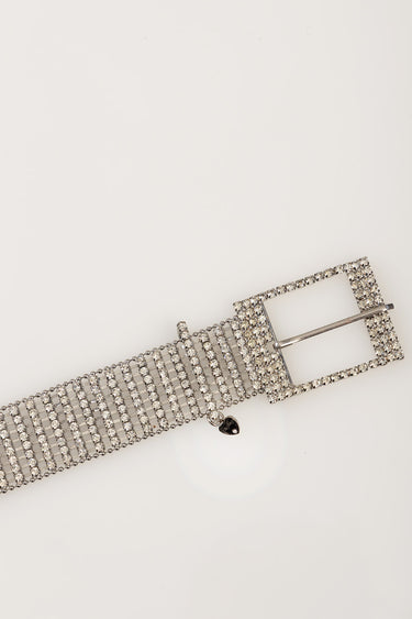 silver rhinestone belt with a rectangular buckle and a small hanging heart charm