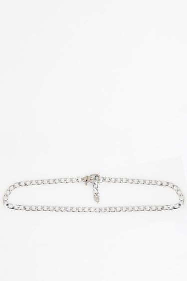 silver chain belt with a clasp laid on a white surface
