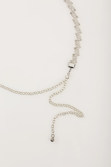 silver tone rhinestone belt with a square clasp and adjustable chain