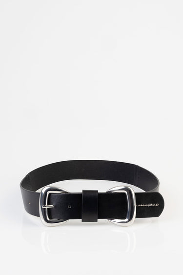 black leather belt with two silver buckles and stitching near the end on a white background