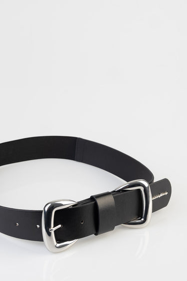 black leather belt with twin silver buckles and loop by Blue Jean Traders