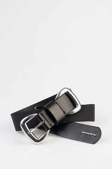 black wide belt with a large silver buckle and stitched black strap