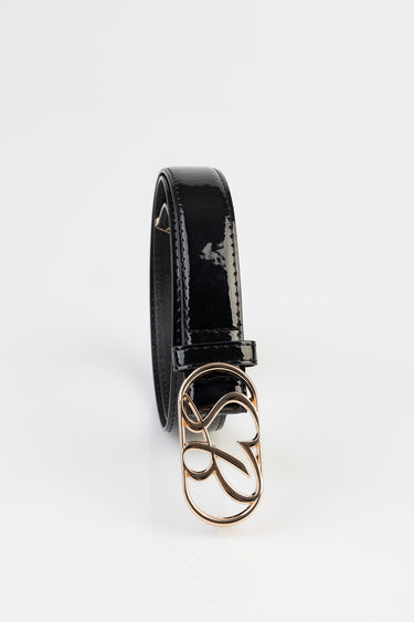 black patent leather belt with a rose gold abstract buckle