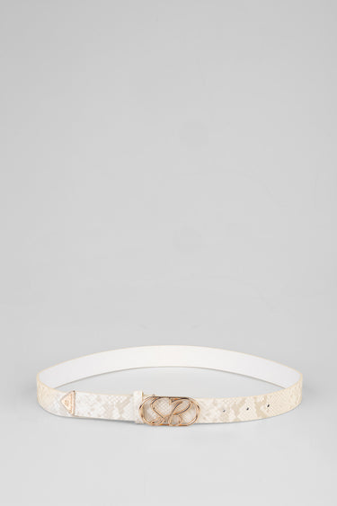 beige snake print belt with rose gold buckle and small triangular logo tag on end, laid flat