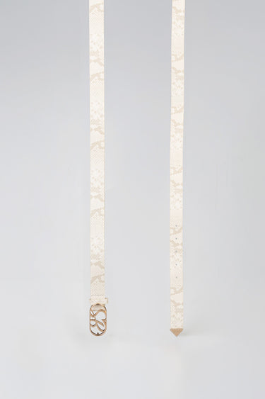 beige snake print belt with rose gold buckle, hanging slim strap detail