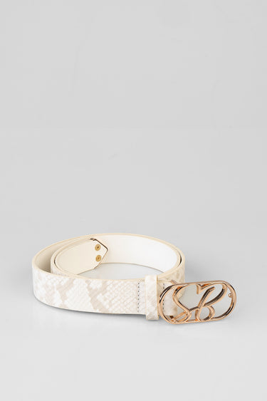 white snake print belt with rose gold interlocking buckle on a light grey background