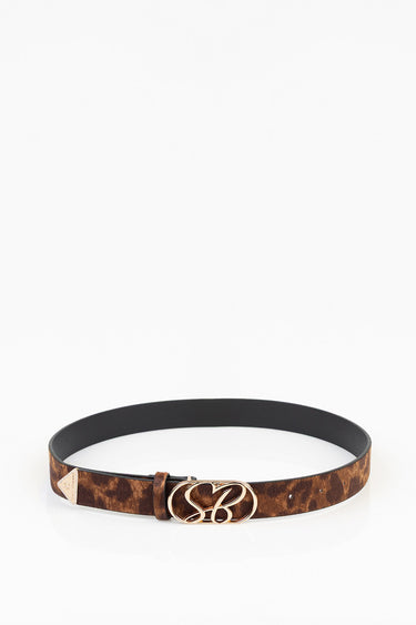 brown leopard print belt with a gold intertwined buckle laid flat on a white background
