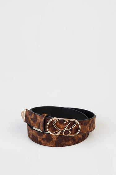 leopard print belt with a gold interlocking double buckle on black interior, coiled.