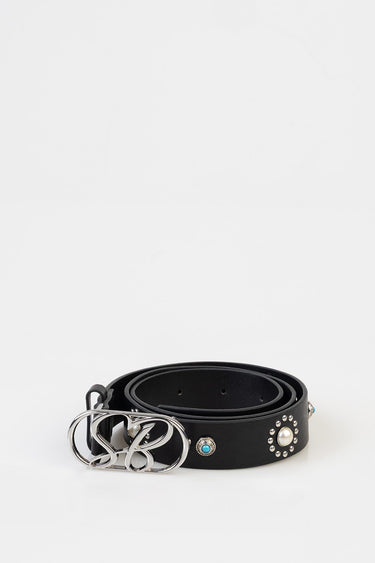 black leather belt with a large interlocking silver buckle and turquoise and pearl studs