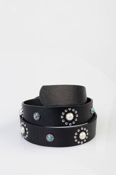 coiled black leather belt adorned with silver studs and pearl and turquoise accents