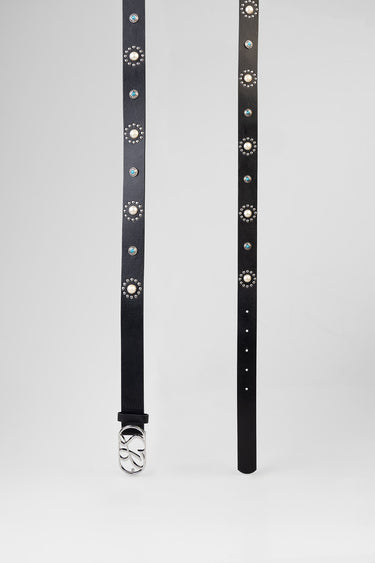 two black leather belts with round pearl studs and turquoise accents and a silver buckle